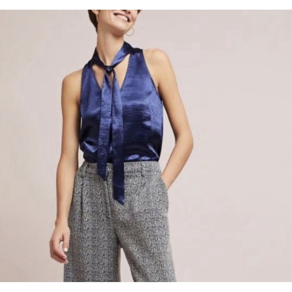 Anthropologie Maeve Blush Tie Neck Blouse Top Womens 0 Satin Blue Office Work